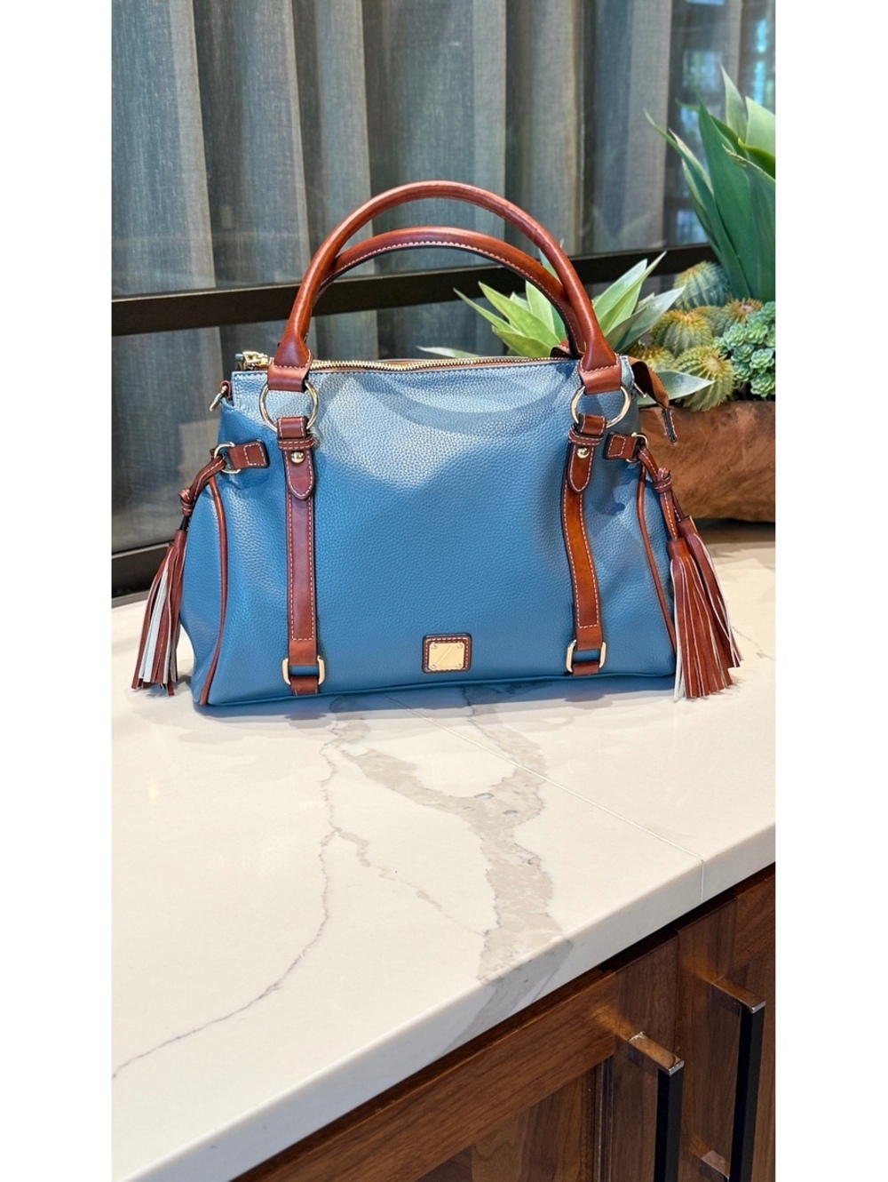Blue and Brown Leather Satchel Handbag with Tassels